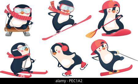 Pingouins actif en hiver et d'été set vector illustration Illustration de Vecteur