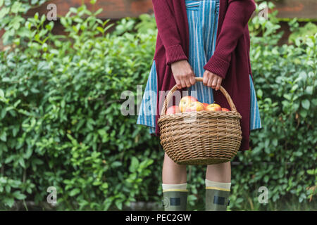 Portrait of young woman holding panier en osier avec des pommes Banque D'Images