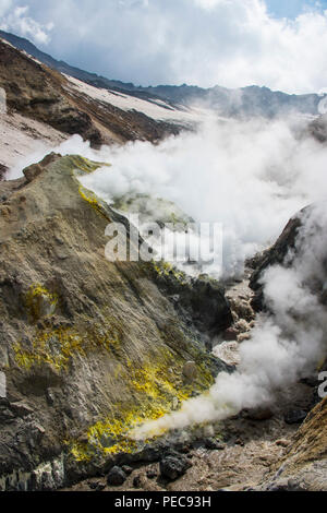 Fumeurs fumerolles avec les dépôts de soufre sur le volcan Mutnovsky, Kamchatka, Russie Banque D'Images