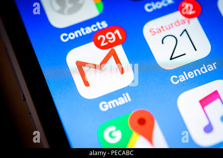 Icône de l'application Gmail de Google sur l'iPhone, iOS, l'écran du smartphone, écran, close-up, détail, Allemagne Banque D'Images