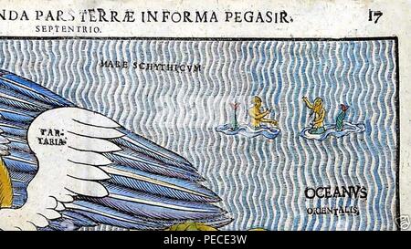 L'Asie représentée sous la forme de Pégase (avec la main) coloration moderne par Heinrich Bünting c.1590 Coin supérieur droit. Banque D'Images