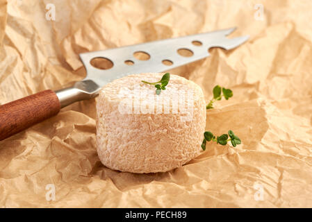 Fromage Crottin de feuilles de thym et d'un couteau sur un papier marron. Banque D'Images