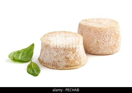 Deux fromages Crottin de feuilles de basilic isolé sur fond blanc Banque D'Images