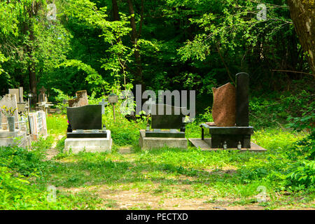 Un vieux cimetière abandonné, croix et charniers envahis par les hautes herbes sur fond de grands arbres et un ciel bleu. Banque D'Images