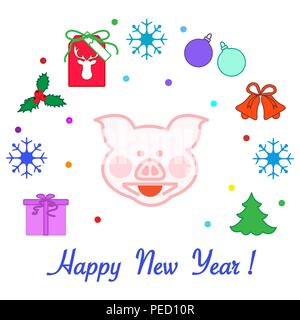 Bonne Année 2019 carte. Arbre de Noël, cochon, gift tag, le gui, coffret-cadeau, boules, cloches, flocons de neige. Pig est un symbole de la 2019 Nouvel An chinois. Illustration de Vecteur