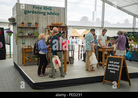 Les gens parler, poser des questions, consulter des experts jardinage & recevoir gratuitement de l'aide et conseils - RHS Flower Show de Chatsworth, Derbyshire, Angleterre, Royaume-Uni. Banque D'Images