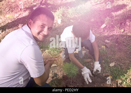 Décentreriez père et fils homme garçon de planter un arbre sur le site de l'école. Premier concept retour à l'école Septembre Banque D'Images