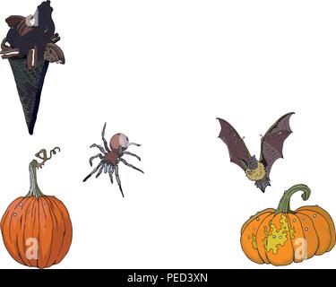 Gâteries d'Halloween et de symboles, objets isolés avec l'inscription. Black Ice cream cone, unicorn milk shake, les citrouilles, les bougies, calice, les feuilles d'automne, les chauves-souris, une araignée. Cartoon Goth fantasy clipart. Illustration de Vecteur