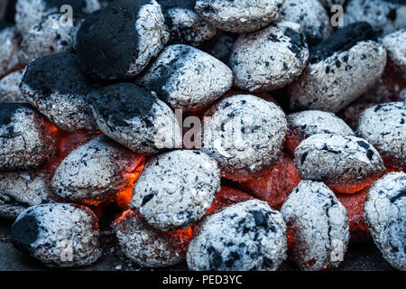 Le charbon de bois brûle sur un gril de charbon de bois pour barbecue. Banque D'Images