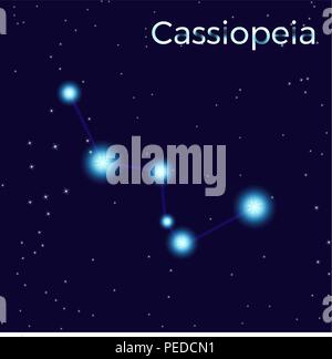 Cassiopeia chanter. Constellation Star élément du vecteur. Symbole de la Constellation sur fond bleu foncé. Illustration de Vecteur