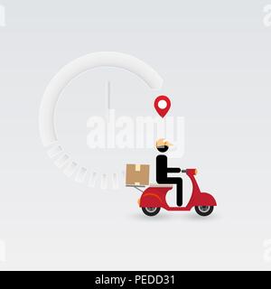 Messenger, delivery man avec flèche blanche ronde et moto, signe de l'horloge. Vector illustration pour la livraison de l'équipement, de services d'expédition de fret, concept. Illustration de Vecteur