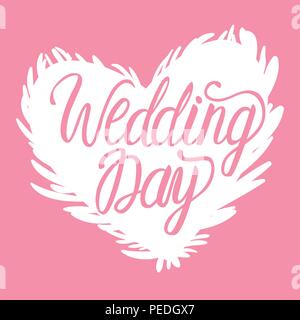 Jour de mariage vecteur illustration blanc swan coeur isolé sur fond rose. Inscriptions de lettrage. Illustration de Vecteur