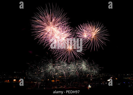 D'artifice dans le ciel de nuit à Szczecin pendant le feu d'artifice de vacances. Banque D'Images