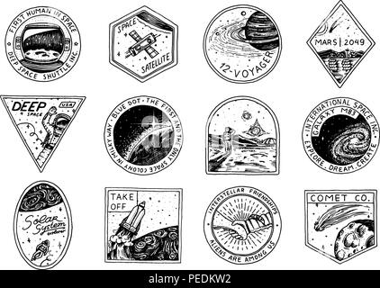 L'espace Vintage logo. Exploration de la galaxie astronomique. mission astronaute ou spaceman. cosmonaut aventure. Planètes et satellites emblème badge autocollant patch. gravé main croquis. Illustration de Vecteur