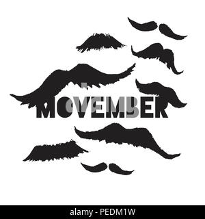 Une affiche avec la zone de texte "movember" et les formes noires des moustaches isolé sur fond blanc Banque D'Images