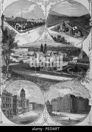 Image en noir et blanc illustrant cinq vues des édifices publics de San Francisco, dans le sens horaire, à partir de la partie supérieure gauche, Parc de la ville, Nouvel Hôtel de Ville, les marchands de change, et une vue de la rue du marché, avec une vignette centrale représentant une vue générale de la ville à la recherche en direction de la baie, à partir du volume "Le Pacific Tourist : Williams' illustré trans-continental guide de voyage, de l'Atlantique à l'océan Pacifique, ' édité et publié à New York par Henry T Williams, 1876. Avec la permission de Internet Archive. () Banque D'Images