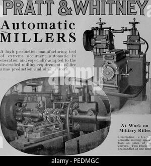 Publicité imprimée en noir et blanc, montrant une pleine grandeur et close-up image incrustée d'un Pratt et Whitney Miller, machine automatique de marque conçue pour aider la fabrication d'armes à feu, du volume du matériel et le travail des métaux (juillet-décembre 1917), publié à Toronto par MacLean-Hunter, 1917. Avec la permission de Internet Archive. () Banque D'Images