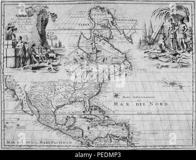 Carte en noir et blanc de l'Arctique, au Groenland, en Amérique du Nord, Amérique centrale et les îles des Caraïbes, avec des noms de lieux, et des illustrations dans la partie supérieure gauche et droite montrant deux groupes de populations autochtones, 1825. Avec la permission de Internet Archive. () Banque D'Images