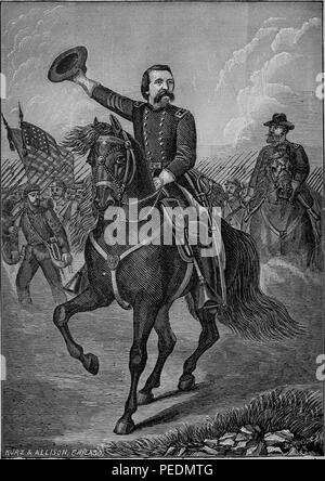 Photographie noir et blanc représentant général de l'Union John Alexander Logan au cours de la bataille de 1864 Dallas, à cheval, en uniforme, et en agitant son chapeau dans l'air, avec des soldats, la plupart des baïonnettes, tenant en arrière-plan, 1884. Avec la permission de Internet Archive. () Banque D'Images