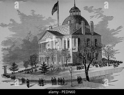 Photographie noir et blanc représentant une image de l'Etat Chambre de Augusta, Maine, conçu dans le style fédéral, après la Massachusetts State House, du granit, avec une coupole centrale et à pignons portique à colonnes, 1884. Avec la permission de Internet Archive. () Banque D'Images