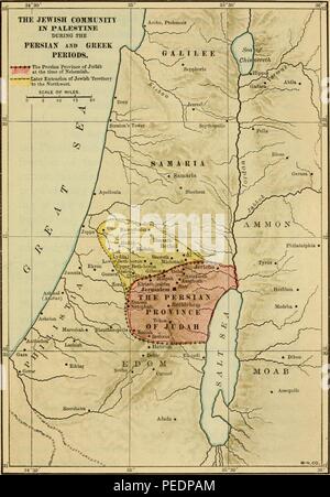 Carte physique et politique du Levant, avec les sections colorées marquant l'étendue de territoire juif dans les périodes grecque et perse, titré "La communauté juive de Palestine au cours de la période grecque et perse, ' publié dans Charles Foster Kent's "Une histoire du peuple juif au cours de la babylonienne, perse, grecque et des périodes, 1899. Avec la permission de Internet Archive. () Banque D'Images