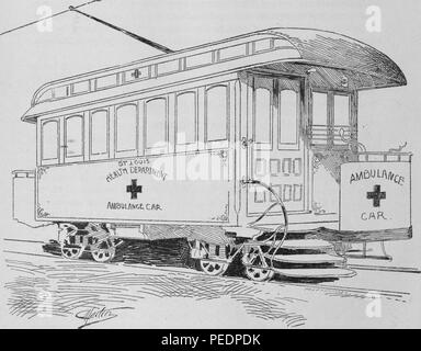 Noir et blanc illustrant le premier 'Electric Ambulance, ' un téléphérique utilisé dans le seul but de transporter des patients, utilisé par St Louis, Missouri, le ministère de la Santé et publié dans James Moores Ball's 'Tri-State Medical Journal", 1895. Avec la permission de Internet Archive. () Banque D'Images