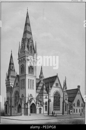 Noir et blanc illustrant le style néo-gothique, deuxième, premier Congregational Church qui était auparavant situé à l'angle de 12th Street et de l'argile, à Oakland, Californie, USA, 1893. Avec la permission de Internet Archive. () Banque D'Images