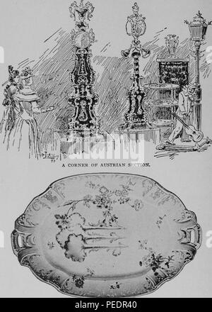 Noir et blanc illustrant une exposition au pavillon de l'Autriche (en haut) avec une paire de femmes en robe victorienne ornée à des objets d'art, y compris une imposante horloge baroque au premier plan, avec une sauce (en bas) avec un délicat motif floral, à la fois sur la vue à l'Exposition Universelle colombienne (aka la Foire mondiale de Chicago) et publiés dans "The World's Columbian Exposition, Chicago, 1893', 1893. Avec la permission de Internet Archive. () Banque D'Images