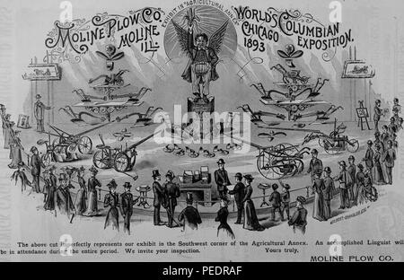 Noir et blanc la publicité Moline Plow Company, un fabricant de charrue de Moline, Illinois qui présentait plusieurs produits agricoles dans l'annexe à la World's Columbian Exposition aka la Foire mondiale de Chicago, situé à Chicago dans l'Illinois, aux Etats-Unis, publiés dans "l'annuaire officiel de la World's Columbian Exposition", 1893. Avec la permission de Internet Archive. () Banque D'Images