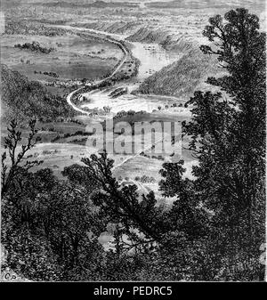 Photographie noir et blanc représentant un aperçu de la rivière Potomac, à partir de la perspective de Maryland Heights, avec le feuillage du premier plan et les terres cultivées qui s'étend dans la distance, situé dans l'État américain du Maryland, et publié dans William Cullen Bryant's edited volumes 'Amérique pittoresque ; ou, le pays dans lequel nous vivons", 1872. Avec la permission de Internet Archive. () Banque D'Images