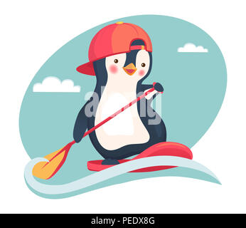 Penguin flottant sur le bord sup. Paddle board. Illustration de pingouin Banque D'Images