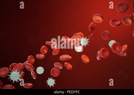 Les globules rouges et blancs, les neutrophiles libérant les éosinophiles, les basophiles, lymphocytes, sont les cellules du système immunitaire, 3D illustration Banque D'Images