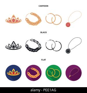 Tiara, chaîne d'or, boucles d'oreilles, pendentif avec une pierre. Les bijoux et accessoires collection icônes de cartoon,Black,télévision stock symbol vector style illus Illustration de Vecteur