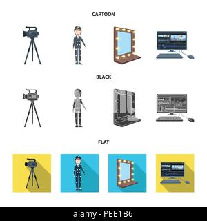 Une caméra, un costume pour les effets spéciaux et d'autres équipements. Faire des films mis en icônes collection cartoon,Black,télévision mauvais stock symbol vector style Illustration de Vecteur