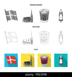 Le Danemark, l'histoire, d'un restaurant et d'autre icône de contour,télévision,style monochrome.Sandwich, pain alimentaire icônes de collection set Illustration de Vecteur