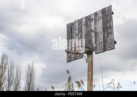 Ancien panneau de basket-ball et basket. Panneau de basket-ball déserte sur un fond d'arbres. Banque D'Images