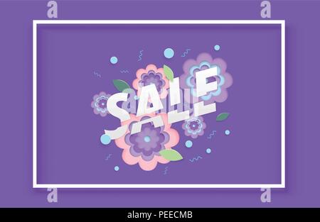Vente horizontale bannière avec cadre. Lettrage en tranches. Couleurs ultra violet. Fleurs de papier découpé et de formes. Pour l'élément de design graphique - l'annonce, l'affiche, f Illustration de Vecteur