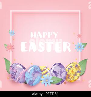 Joyeuses Pâques bannière avec cadre, maison de vacances coloré des œufs et des fleurs. Les modèles pour la conception graphique - affiche, dépliant, brochure, carte. Vector illustration. Illustration de Vecteur