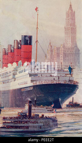 Le paquebot britannique Lusitania RMS sur l'Hudson, New York en 1909, au cours de l'Hudson-Fulton célébration. Du livre de navires, publié vers 1920. Banque D'Images