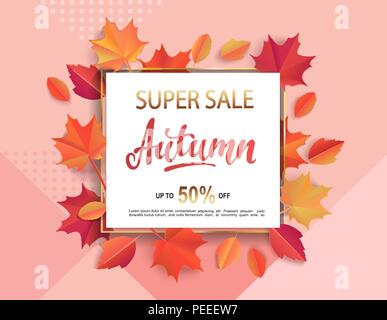 Super vente d'automne bannière dans cadre carré d'or entourée de feuilles aux couleurs automnales sur fond géométrique pour la saison d'automne, la promotion d'achats. Vector illustration. Illustration de Vecteur
