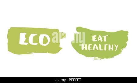 Eco et mangez sain hand drawn vector badges. Logo manuscrite des modèles. Pour l'élément de design graphique - bannière, affiche, flyer, tag, menu. Illustration de Vecteur