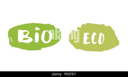 Bio et Eco hand drawn vector badge. Logo manuscrite des modèles. Pour l'élément de design graphique - bannière, affiche, flyer, tag, menu. Illustration de Vecteur