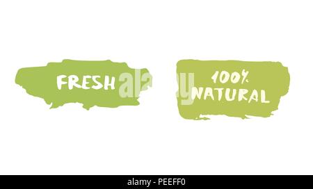 Produits frais et 100 % naturels hand drawn vector badges. Logo manuscrite des modèles. Pour l'élément de design graphique - bannière, affiche, flyer, tag, menu. Illustration de Vecteur