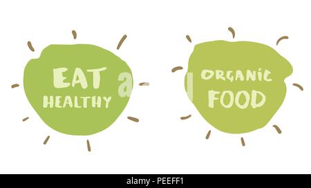Manger des aliments sains et biologiques hand drawn vector badges. Logo manuscrite des modèles. Pour l'élément de design graphique - bannière, affiche, flyer, tag, menu. Illustration de Vecteur