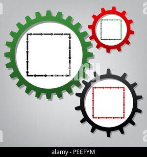 Flèche sur une forme carrée. Vecteur. Trois engrenages connecté avec des icônes à fond grisâtre. Illustration de Vecteur