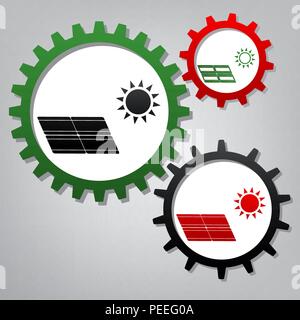 D'énergie solaire. Eco concept tendance signe. Vecteur. Trois engrenages connecté avec des icônes à fond grisâtre. Illustration de Vecteur