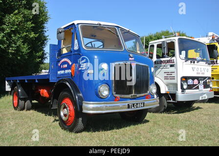 1956 Un camion à plateau Mercure AEC (gauche) stationné à côté d'un Volvo 1979 F7-31 camion de Castor à Torbay, juste à vapeur Churston, Devon, Angleterre. Banque D'Images