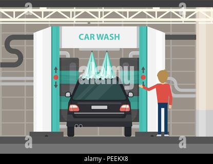 Le véhicule au centre de lavage de l'installation ou au centre de lavage de voiture. L'eau ou nettoyage automobile, Garage avec lave savonnage ou d'une douche. L'automobile et du transport, de l'eau thème de pulvérisation Illustration de Vecteur