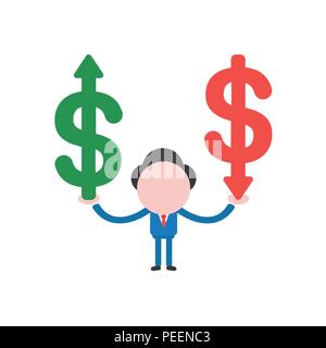 Vector illustration of businessman holding caractères symboles du dollar vert et rouge avec des flèches qui se déplacent vers le haut et vers le bas. Illustration de Vecteur