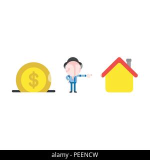 Vector illustration of businessman personnage avec pièce d'un dollar en tirelire, d'économiser de l'argent et vers l'achat de maison. Illustration de Vecteur